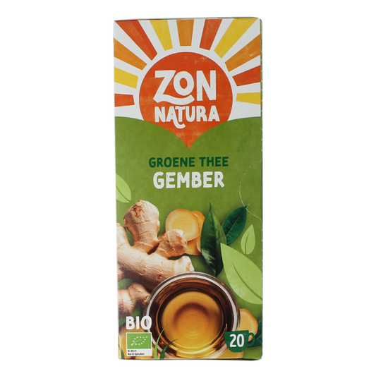 Zonnatura organic green ginger tea in a 20-pack, featuring fresh ginger and green tea leaves in a clear package.