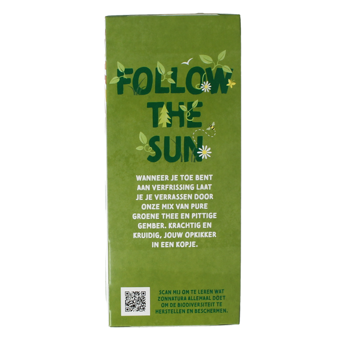 Zonnatura organic green tea with ginger in a 20-pack, fresh tea bags for soothing herbal infusion.