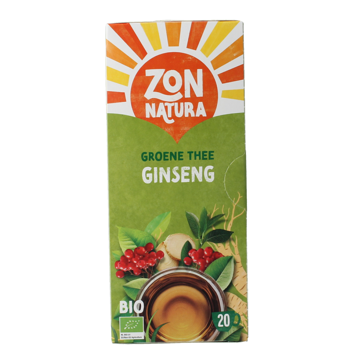 Zonnatura Green Tea Ginseng bio tea bags, 20-count, with green tea and ginseng in a box, natural and organic product.
