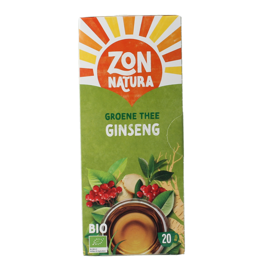 Zonnatura Green Tea Ginseng bio tea bags, 20-count, with green tea and ginseng in a box, natural and organic product.