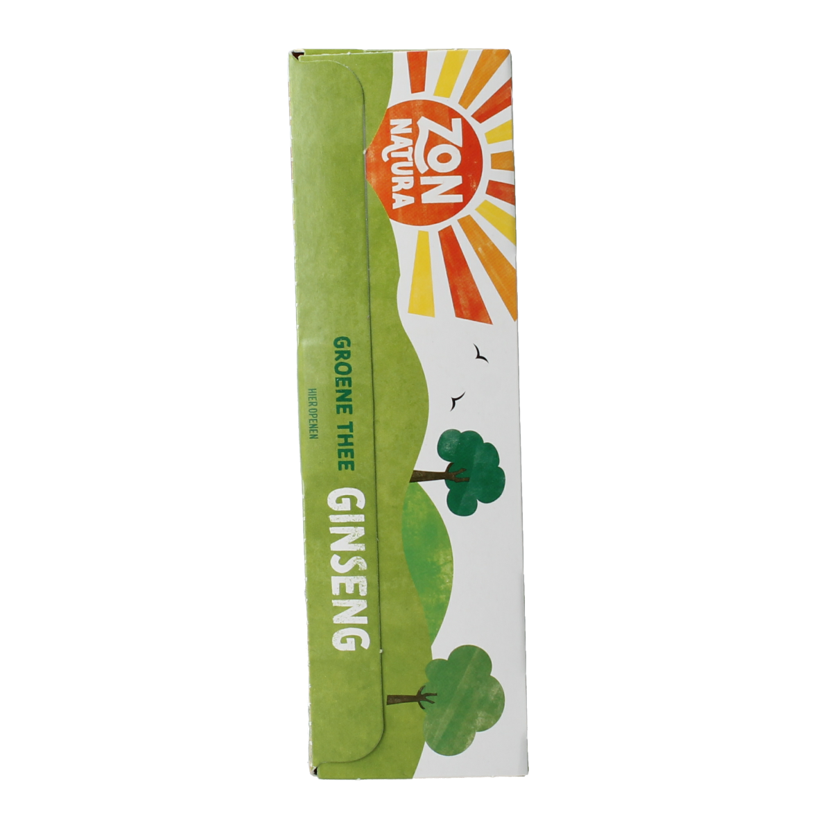 Zonnatura organic green tea with ginseng in a box of 20 tea bags, featuring fresh green tea leaves and ginseng root.
