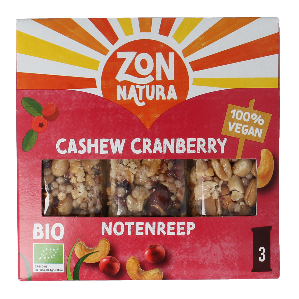 Zonnatura cashew cranberry snack bar made with organic ingredients, 75g, featuring cashews and cranberries, in a colorful package.