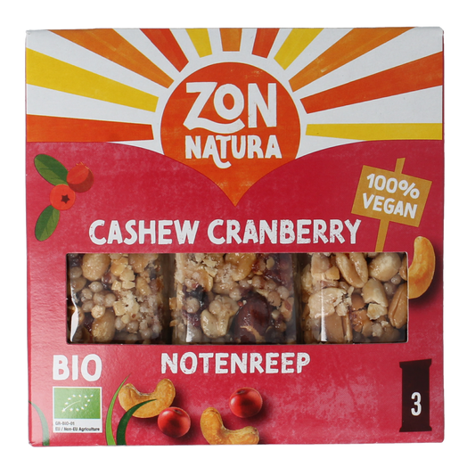 Zonnatura cashew cranberry snack bar made with organic ingredients, 75g, featuring cashews and cranberries, in a colorful package.
