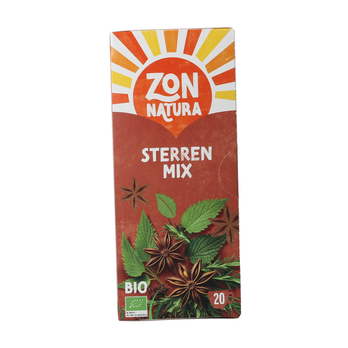 Zonnatura Sterrenmix organic coffee and tea blend in a 20-count bag, featuring colorful star-shaped ingredients.