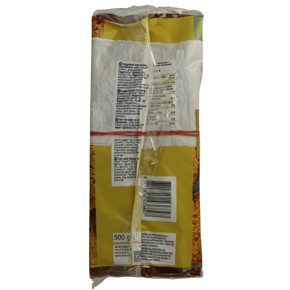 De Rit volkoren honingkoek bio, 500g, showing a golden-brown organic honey biscuit on a white background.