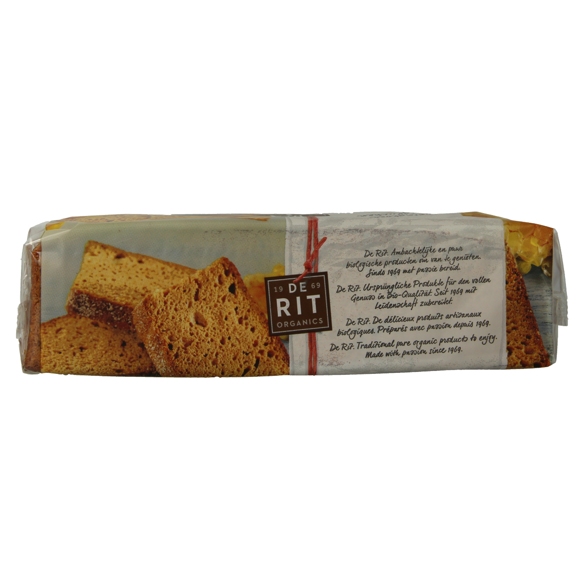 De Rit volkoren honingkoek bio, 500g, showing a close-up of the golden, crunchy whole grain honey cake on a plate.