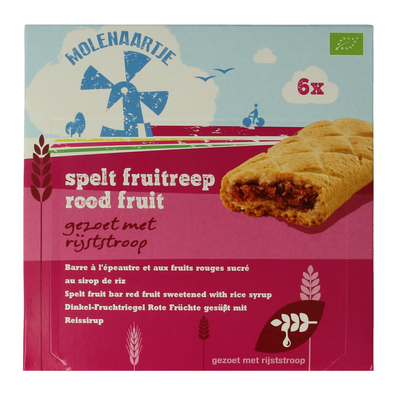 Molenaartje Spelt fruitreep met rood fruit, biologisch snack met 180 gram, ideaal voor tussendoortjes.