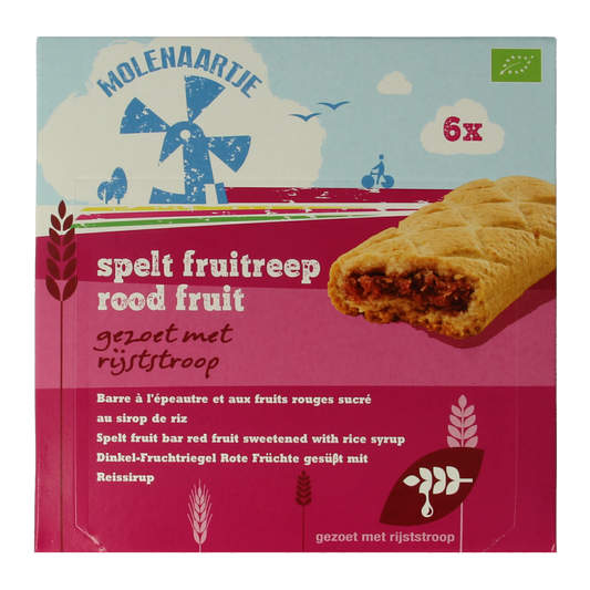 Molenaartje Spelt fruitreep met rood fruit, biologisch snack met 180 gram, ideaal voor tussendoortjes.