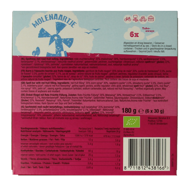 Molenaartje Spelt fruitreep rood fruit bio, 180g, showing a red fruit-flavored spelt snack bar with a natural, wholesome appearance.
