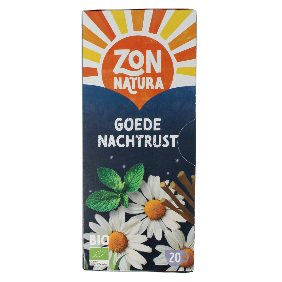 Zonnatura Goede Nachtrust thee bio in a box of 20 tea bags, featuring herbal blend for relaxing bedtime tea.