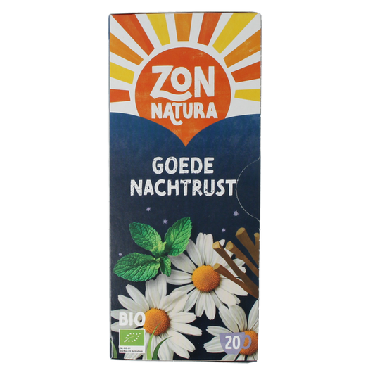 Zonnatura Goede Nachtrust thee bio in a box of 20 tea bags, featuring herbal blend for relaxing bedtime tea.