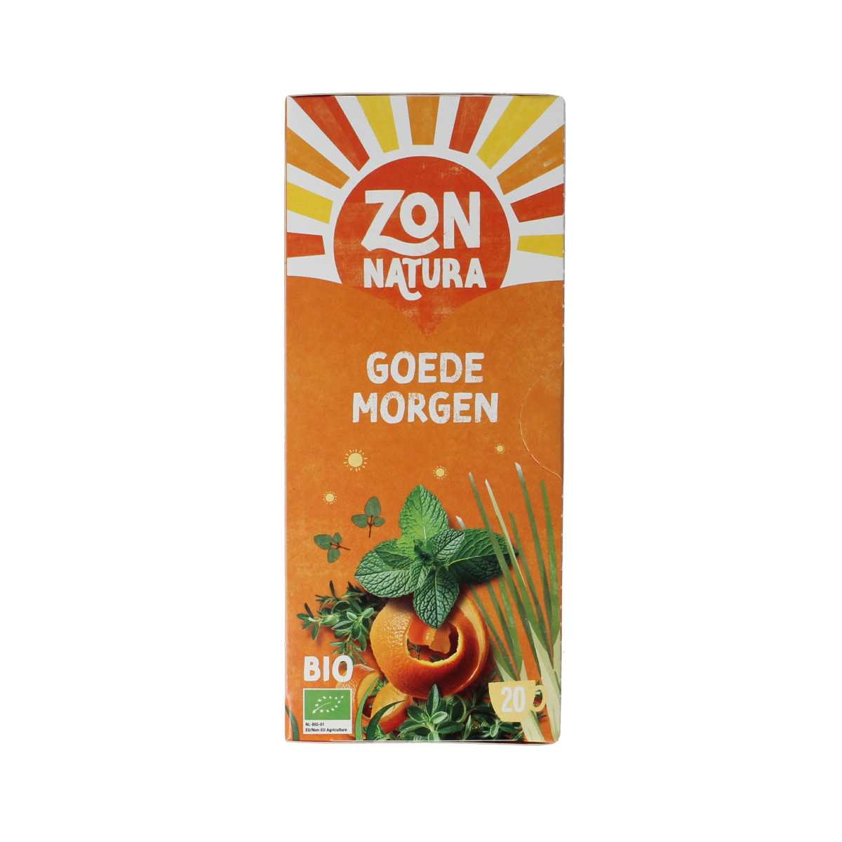 Zonnatura Goede Morgen thee bio in a box of 20 tea bags, natural herbal tea for a healthy start, displayed in the image.