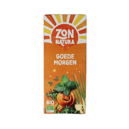 Zonnatura Goede Morgen thee bio in a box of 20 tea bags, natural herbal tea for a healthy start, displayed in the image.