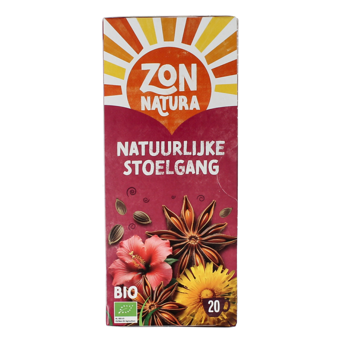 Zonnatura Stoelgang thee bio with 20 tea bags, natural herbal tea for digestion, in a resealable packet.