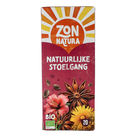 Zonnatura Stoelgang thee bio with 20 tea bags, natural herbal tea for digestion, in a resealable packet.