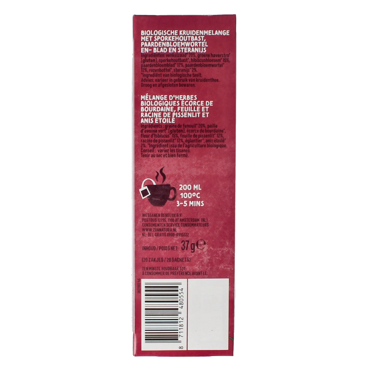Zonnatura bio Stoelgang thee with 20 tea bags in a box, natural herbal tea for digestive support, in a colorful packaging.