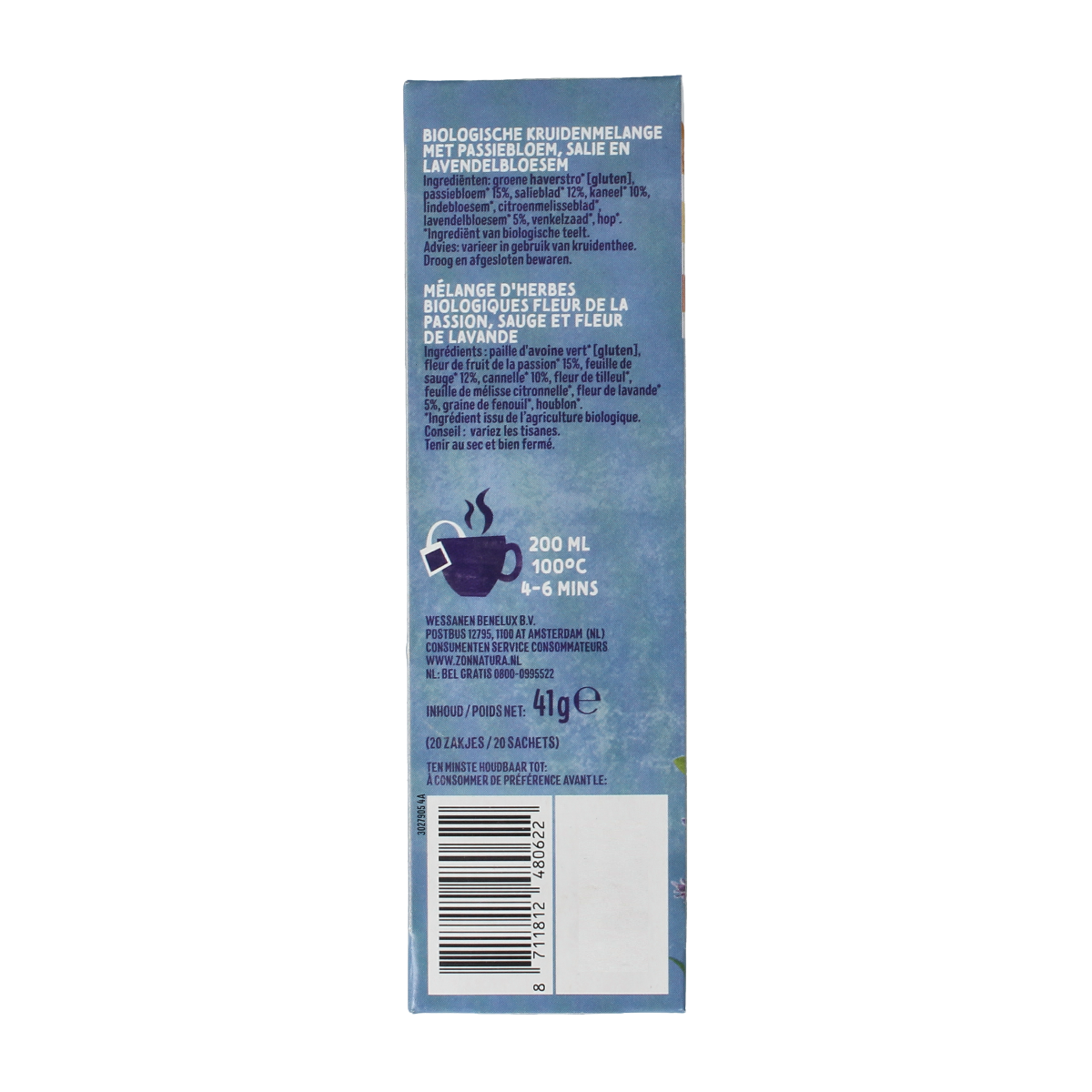 Zonnatura Ontspanningsthee bio in a box with 20 tea bags, organic herbal tea for relaxation and wellness.