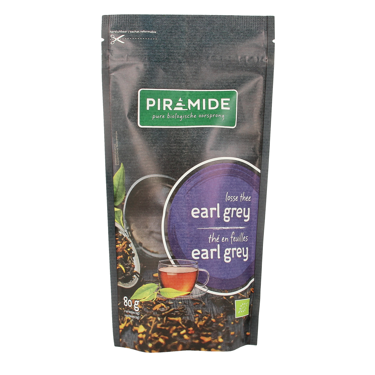 Piramide Earl Grey organic tea pyramid in 80g package, featuring a classic tea bag design with tea leaves and citrus aroma.