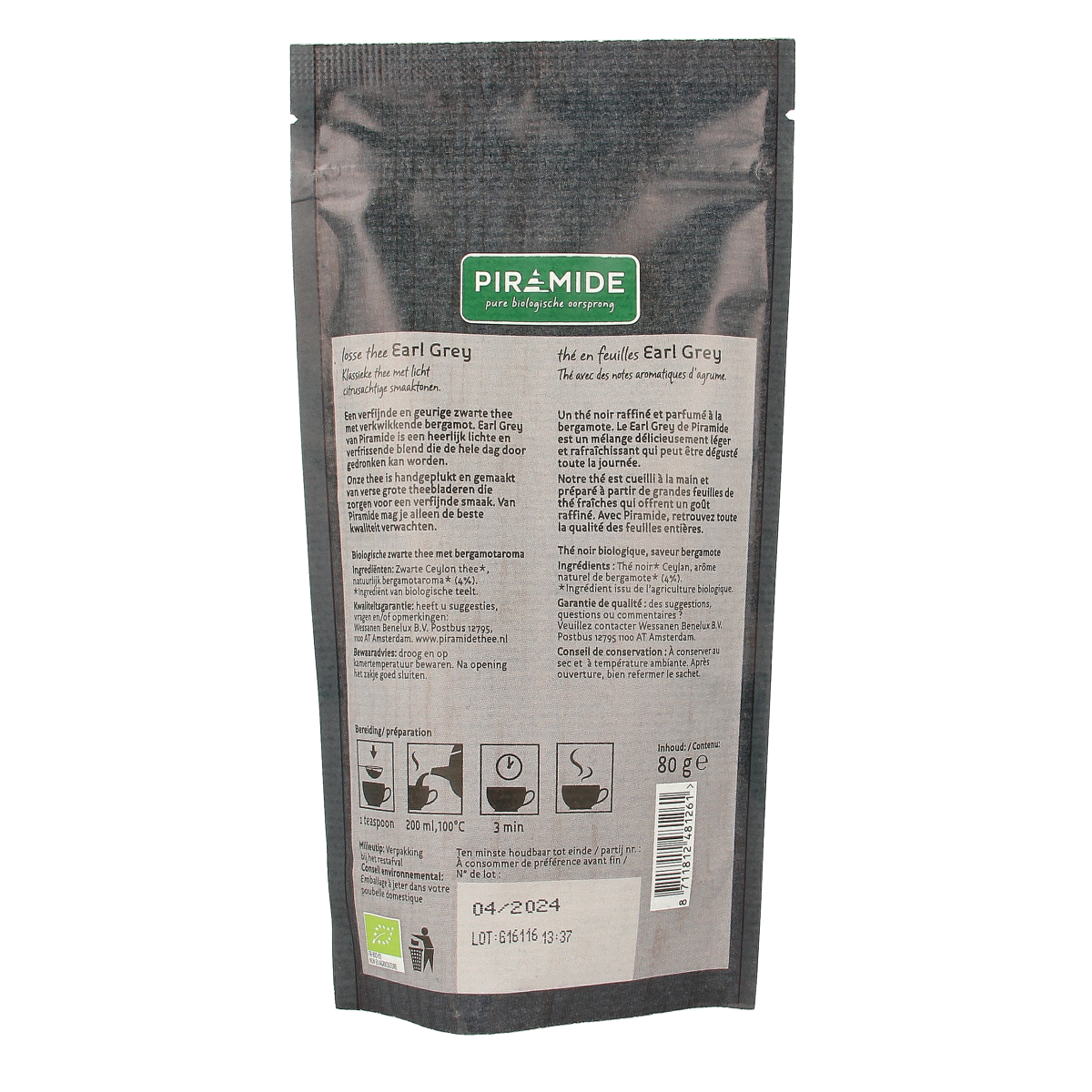 Piramide Earl Grey organic tea pyramid bag, 80g, with citrus and bergamot flavors, in a transparent packaging.