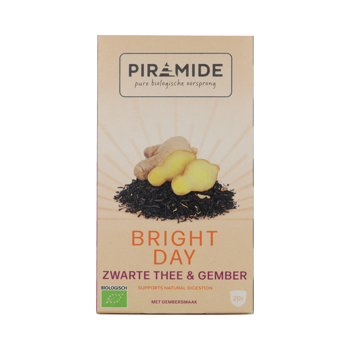 Piramide Bright Day coffee and tea pyramid tea bags, 20-pack, featuring individual pyramid-shaped tea infusers.