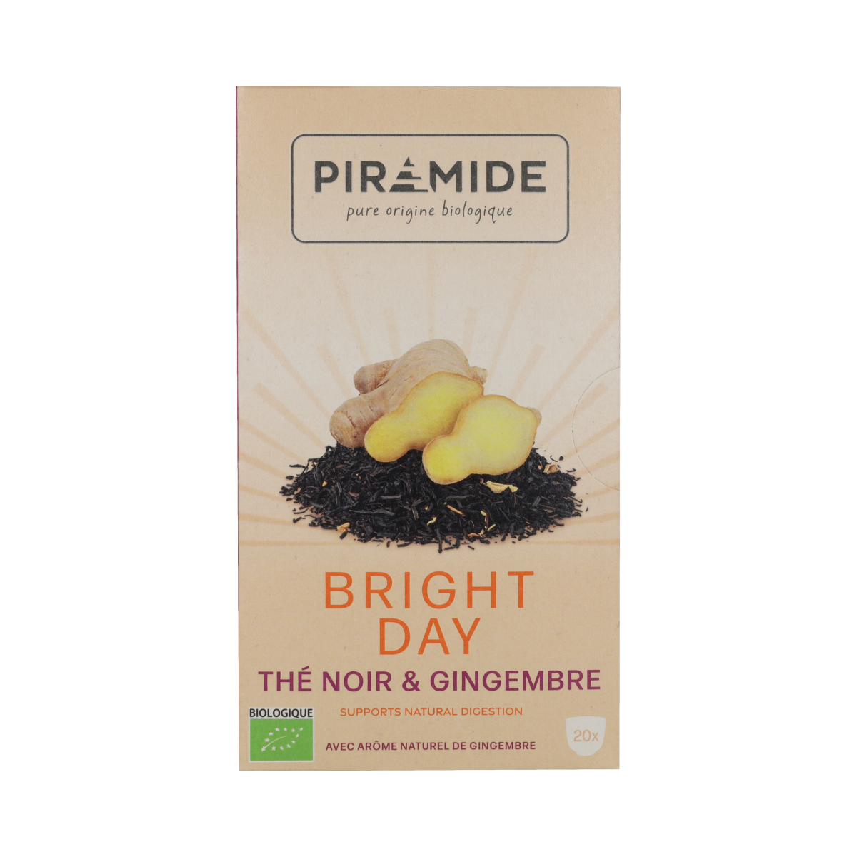 Piramide Bright Day coffee and tea pyramide bags, 20 pieces, with colorful packaging and brewing instructions.