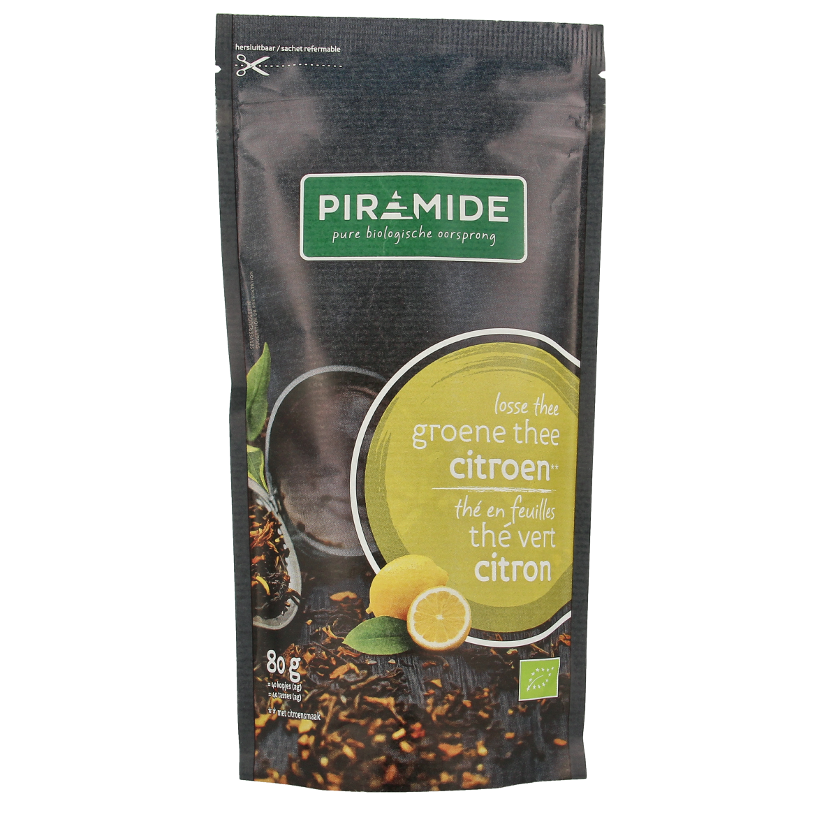 Piramide groene thee citroen bio in 80g pyramid tea bag, fresh and aromatic, with vibrant green tea leaves and lemon slices.