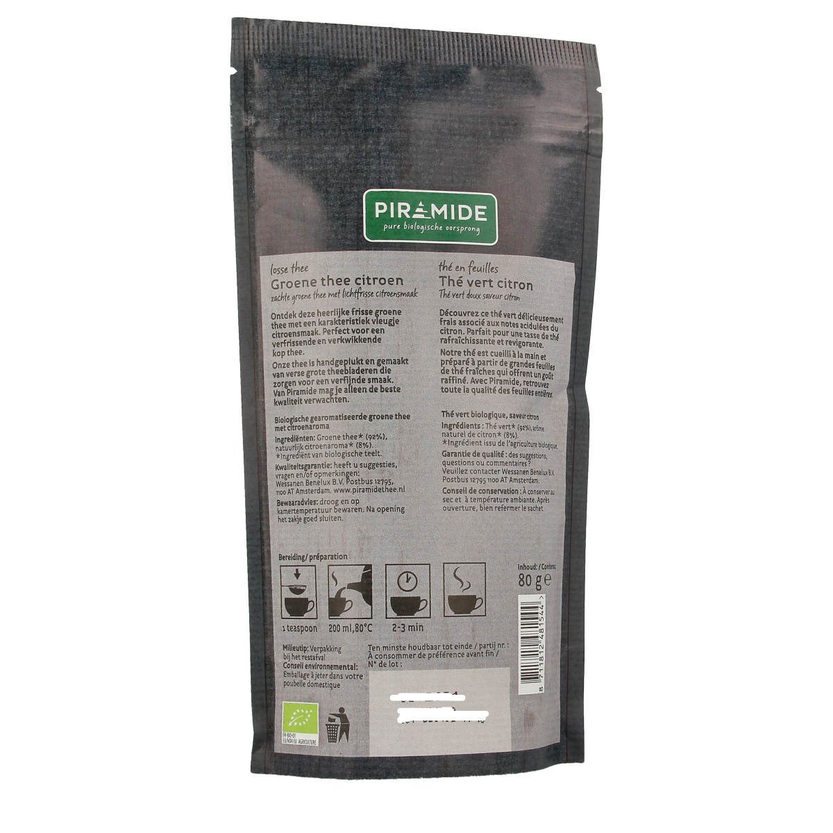 Piramide groene thee citroen bio in 80g pyramid tea bag, fresh green tea with lemon flavor, natural and organic.