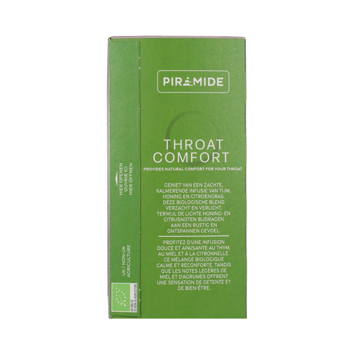 Piramide Throat Comfort herbal throat lozenges in a box, natural remedy for soothing sore throats, 20 pieces.