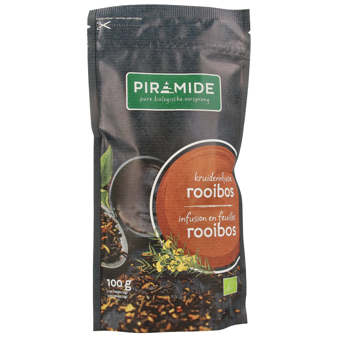 Organic Piramide Rooibos tea pyramid infuser, 100g, in a natural, colorful tea bag with fresh rooibos leaves visible.