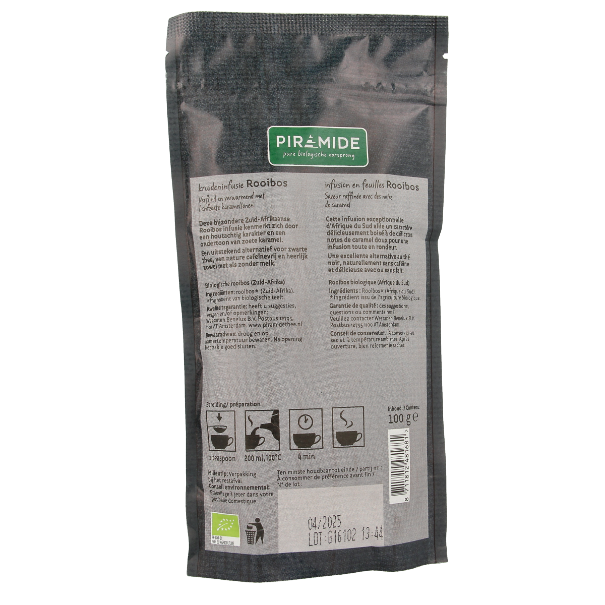 Piramide Bio Rooibos tea pyramid infuser with 100g loose rooibos tea leaves in a clear container.