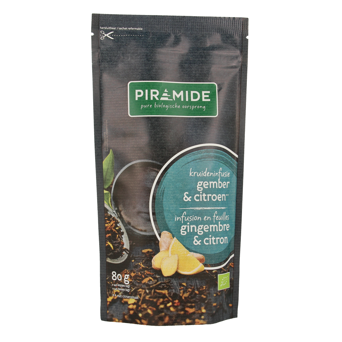Piramide bio gember citroen thee in 80g pyramid tea bag, featuring fresh ginger and lemon flavor, ideal for soothing herbal tea.