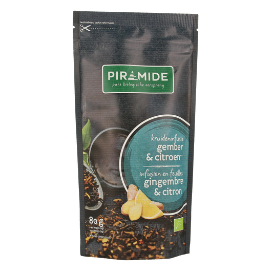 Piramide bio gember citroen thee in 80g pyramid tea bag, featuring fresh ginger and lemon flavor, ideal for soothing herbal tea.