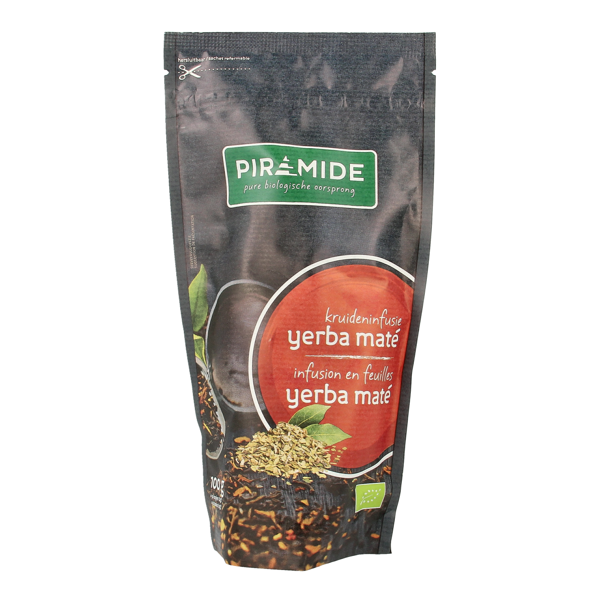 Piramide bio Yerba Mate pyramid tea bags, 100 grams, in a natural tea packaging with the brand logo and product label.