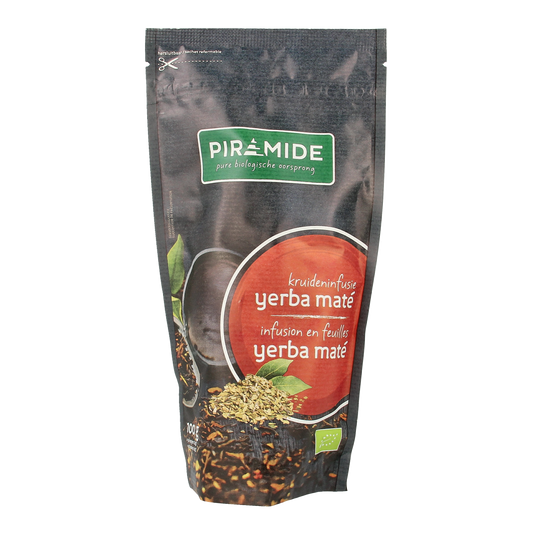 Piramide bio Yerba Mate pyramid tea bags, 100 grams, in a natural tea packaging with the brand logo and product label.