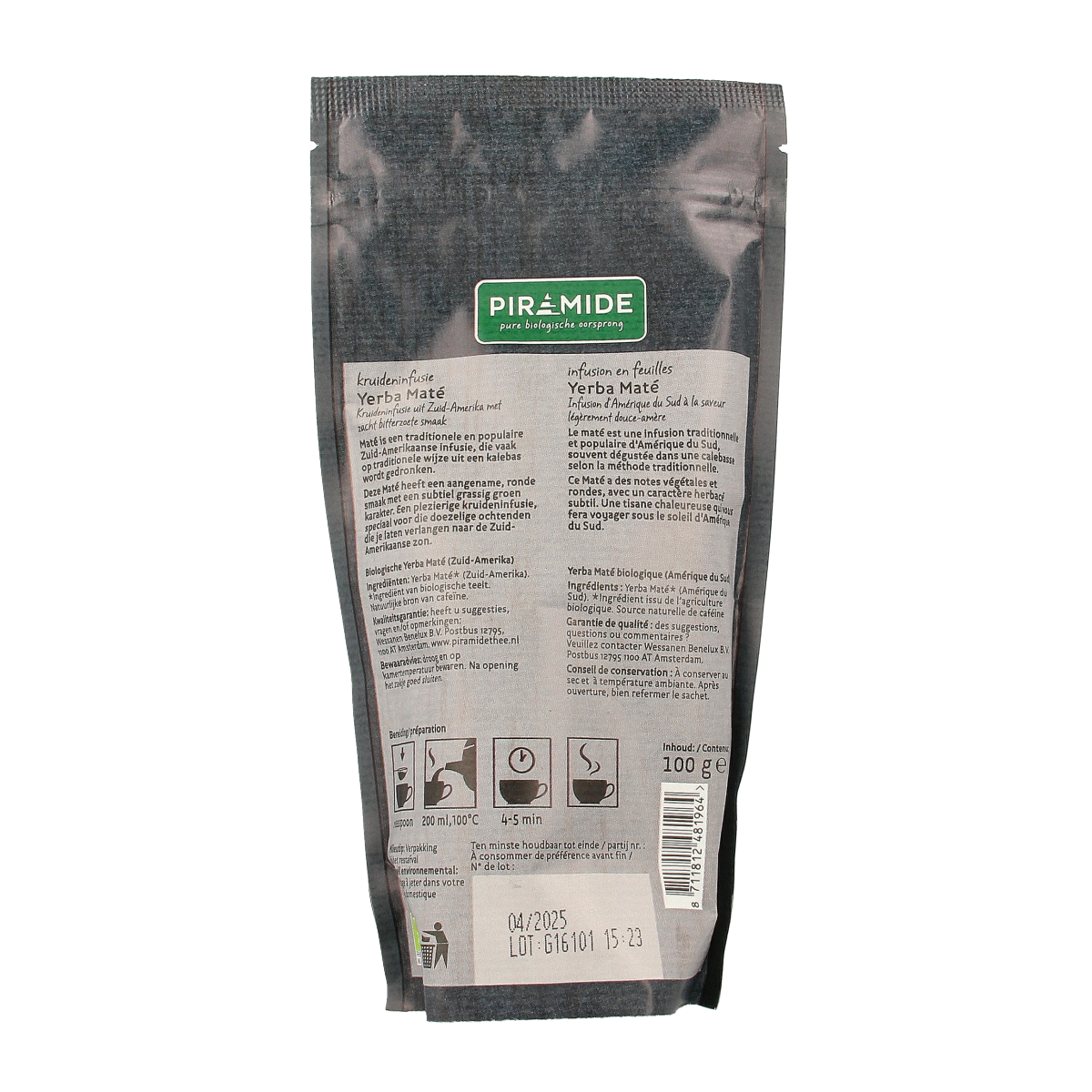Organic Piramide Yerba Mate in 100g package, part of the coffee and tea collection, shown in the image.
