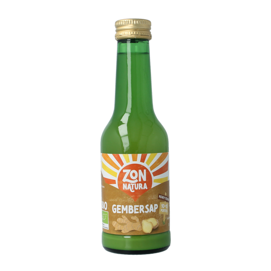 Zonnatura bio gembersap in 200ml bottle, natural ginger juice for health and flavor in a clear glass bottle.