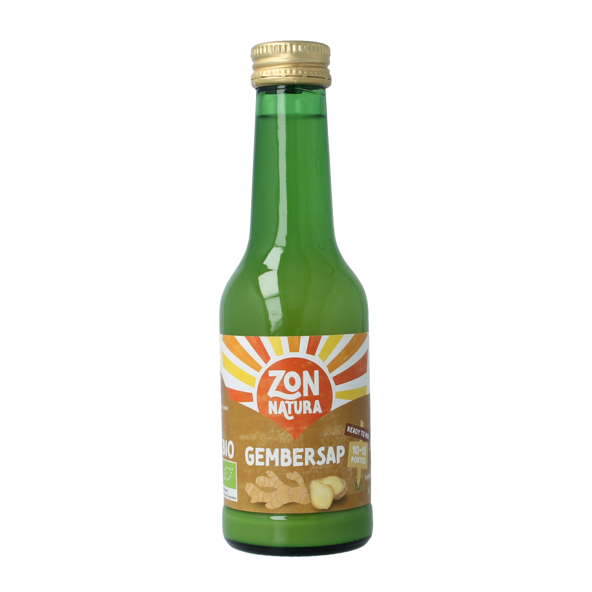 Zonnatura Gembersap bio 200ml organic ginger juice bottle, clear liquid with ginger root ingredients visible inside