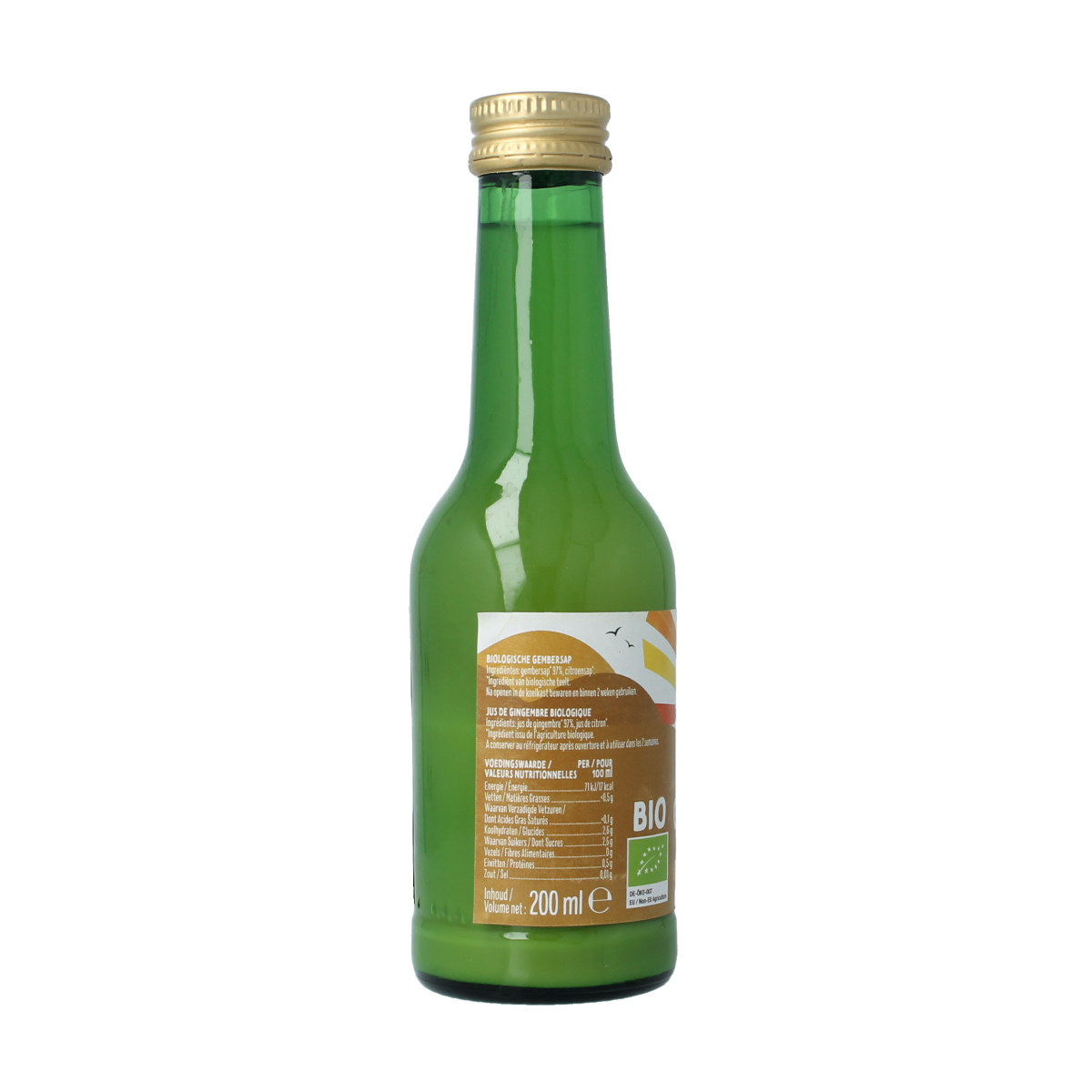 Bottle of Zonnatura organic ginger juice in a 200ml glass container, showcasing the Zonnatura label and fresh ginger flavor.