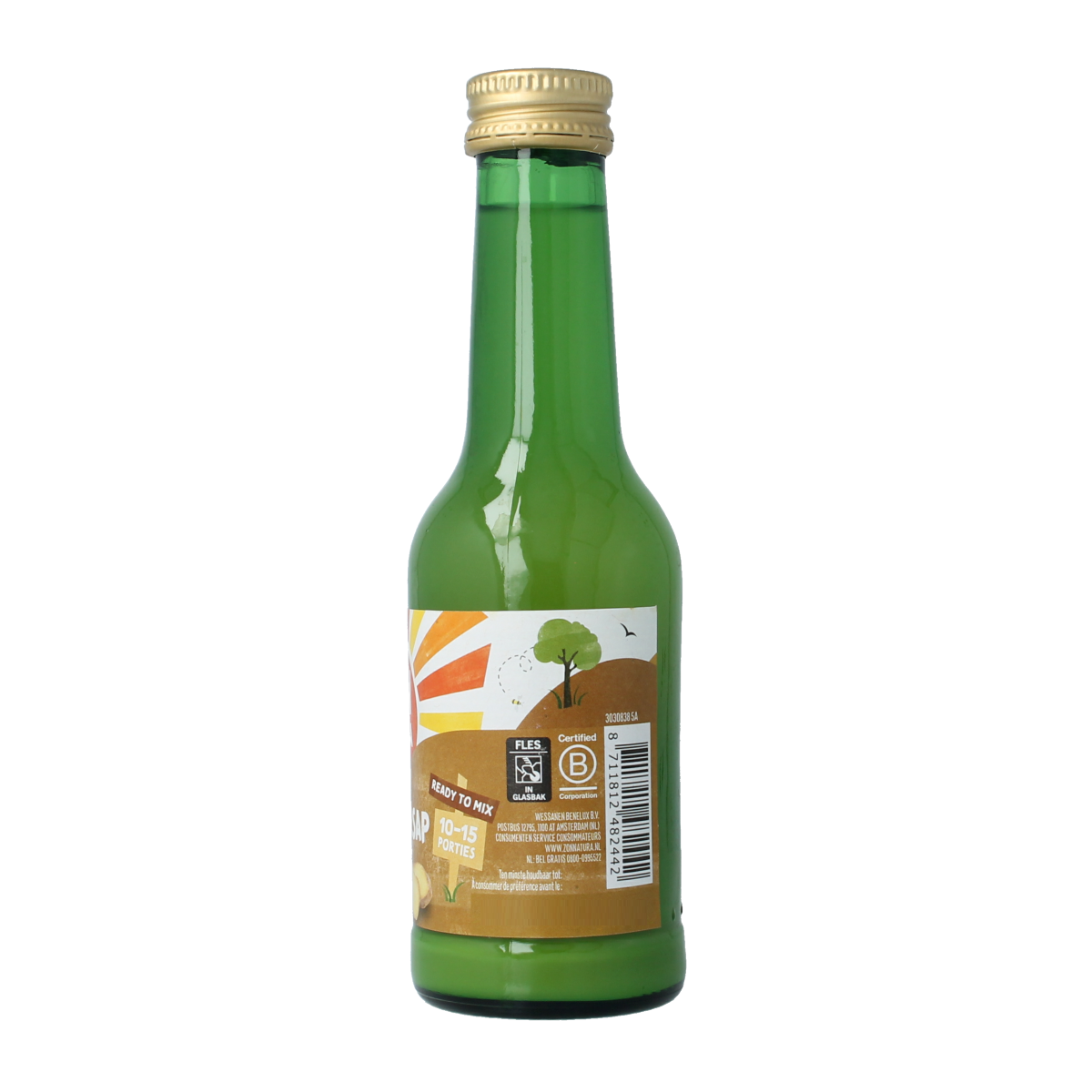 Zonnatura organic ginger juice bottle, 200ml, in a clear glass container with ginger root and label visible.