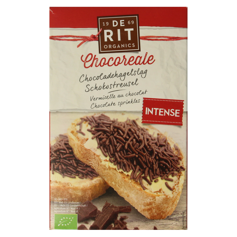 De Rit Chocoreale puur bio hagelslag, 225g, natural dark chocolate sprinkles for bread topping on a slice of bread.