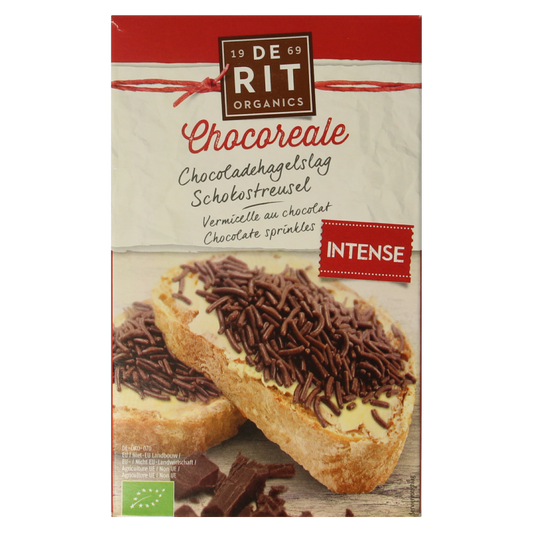 De Rit Chocoreale puur bio hagelslag, 225g, natural dark chocolate sprinkles for bread topping on a slice of bread.