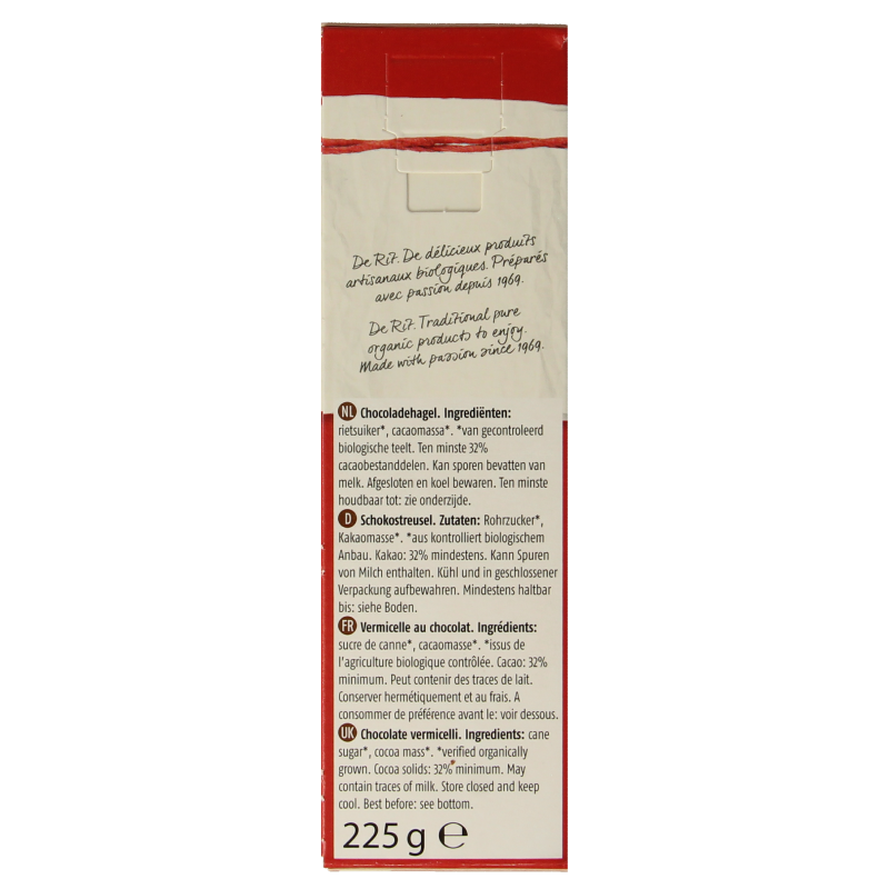 De Rit Chocoreale puur bio hagelslag, 225g, natural dark chocolate sprinkles for bread topping on a slice of bread.