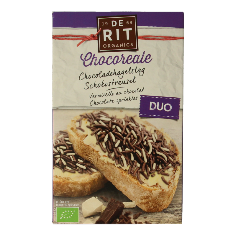 De Rit Chocoreale hagelslag bio, 225g, organic chocolate sprinkles spread on bread for a tasty breakfast treat.