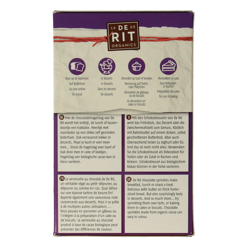 De Rit Chocoreale bio hagelslag mix spread on bread, featuring chocolate sprinkles in a 225g package.