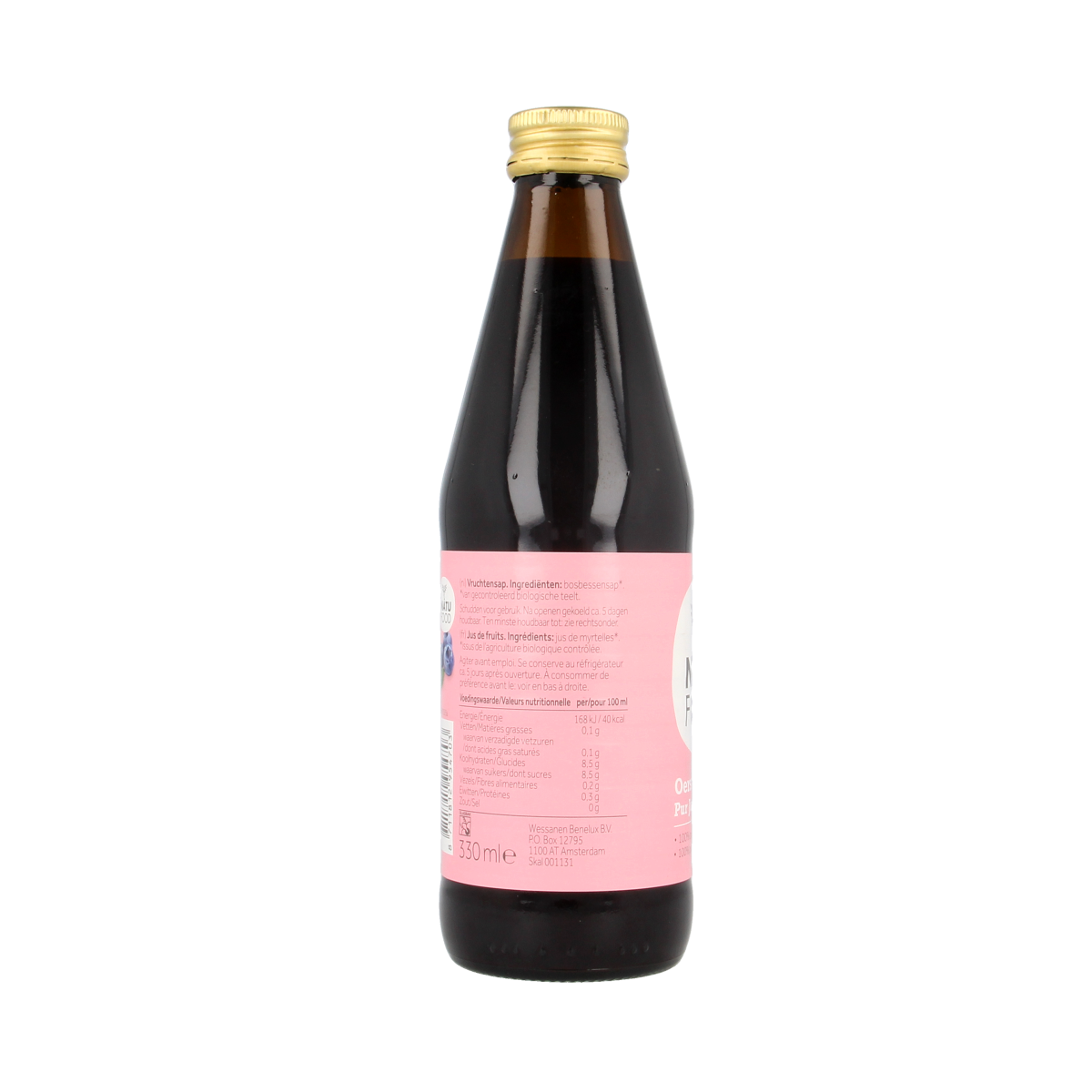 Natufood organic blueberry juice in a 330ml bottle, showcasing fresh blueberries and vibrant liquid inside.