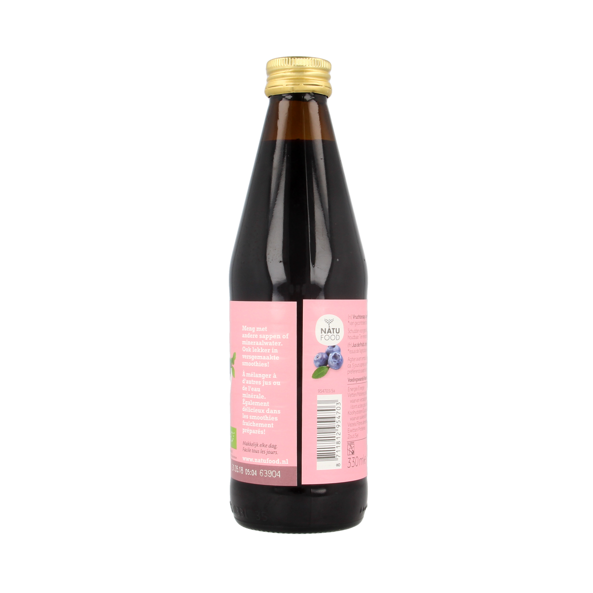 Natufood organic blueberry juice in a 330ml bottle, natural drink with fresh blueberry flavor, suitable for healthy beverages.
