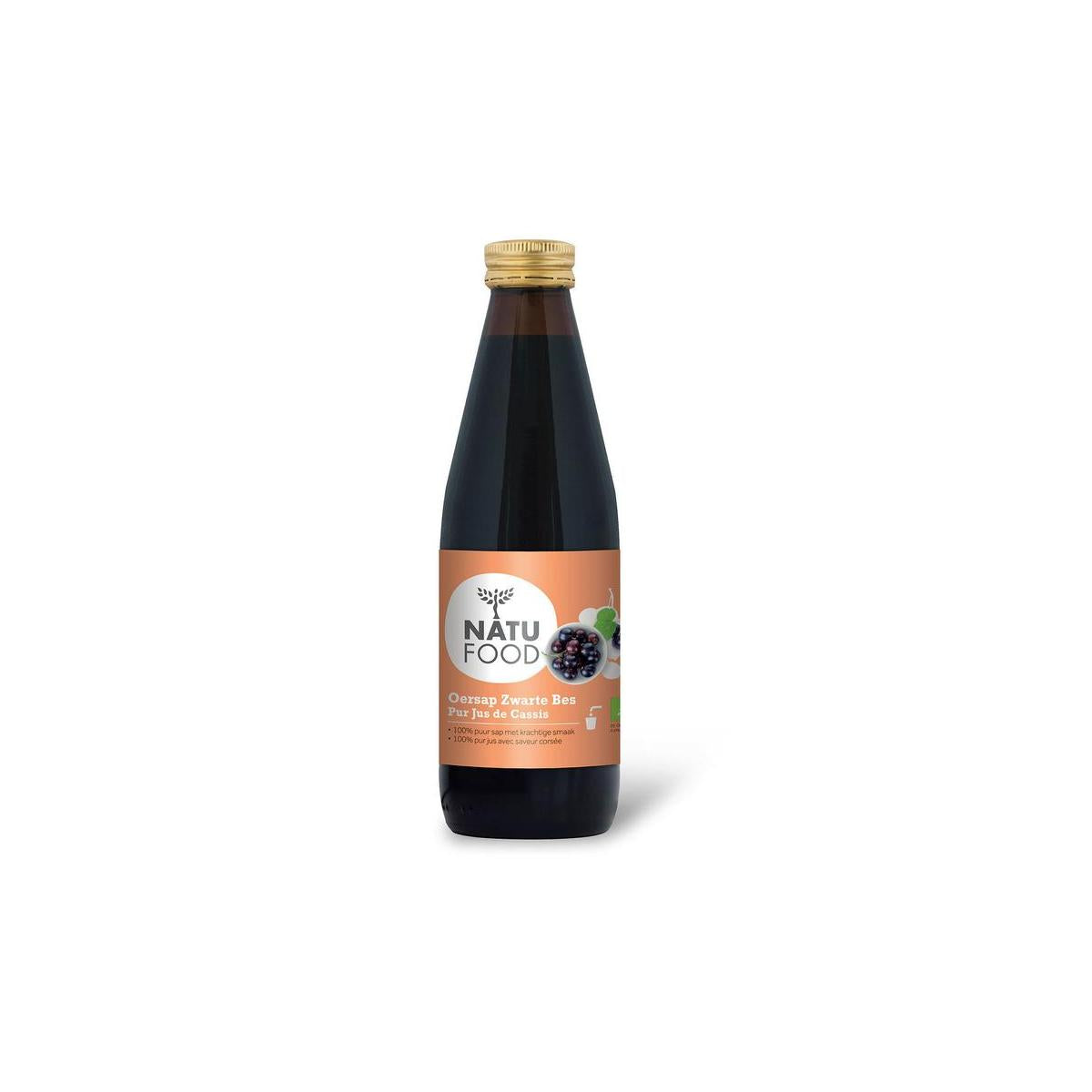 Natufood zwarte bessensap vitaal bio in 330ml bottle, fresh blackcurrant juice with natural, vibrant appearance