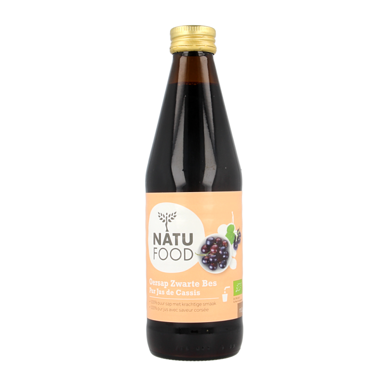 Natufood zwarte bess oersap vitaal bio 330ml in glass bottle, fresh black currant juice with natural color and label.