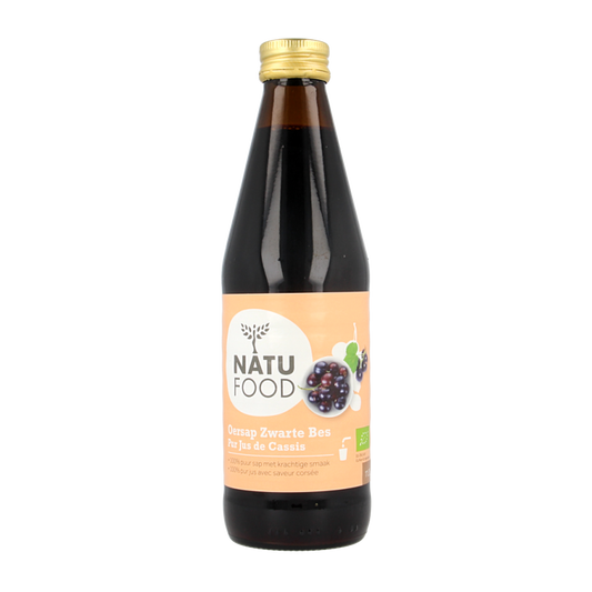 Natufood zwarte bess oersap vitaal bio 330ml in glass bottle, fresh black currant juice with natural color and label.