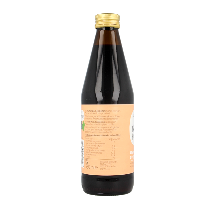 Natufood zwarte bes oersap vitaal bio 330ml bottle, organic black currant juice in a glass bottle, natural and nutritious.